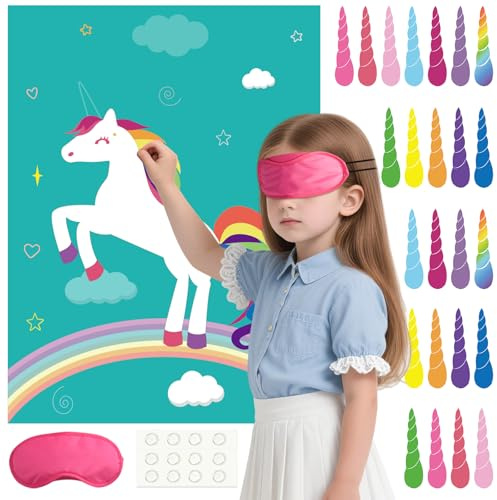 PLULON Stecken Sie das Horn auf das Einhorn für Kindergeburtstagsparty-Spiel, Einhorn-Partyzubehör, Gastgeschenke für Mädchen, Regenbogen-Geburtstagsdekorationen, Poster, Wand, Klassenzimmer