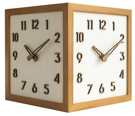 Fenteer Doppelseitige Eckwanduhr, 22,9 x 22,9 cm, stanzfrei, Massivholz, für eckige Wände, Mehrzweck, Brauner Rahmen