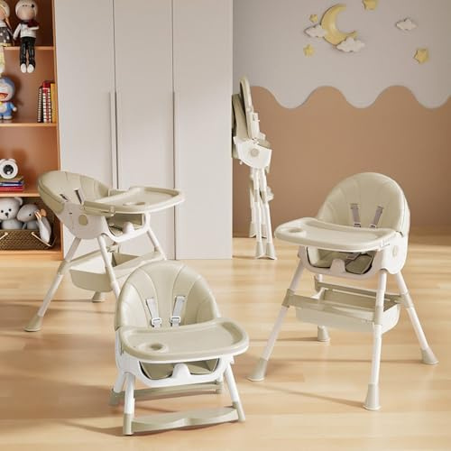 Hochstuhl 4 in 1, Kinderhochstuhl, Babystuhl, Kombihochstuhl, Sicherheitsgurte, Doppeltablett, ab 6 Monate bis 5 Jahre, 5 Punkt Gurte, Ohne Räder - Beige