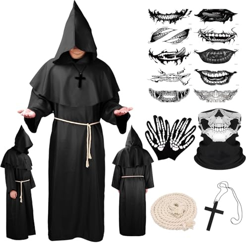 BITOYO Disfraz de Monje Sacerdote Túnica Medieval Renacimiento Traje Disfraz Cura Túnica de Monje con Capucha Cuerda de Cintura Collar de Cruz Guantes y Máscara para Halloween Carnaval (Negro, L)