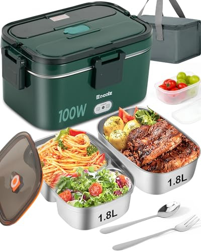 Eocolz Lonchera eléctrica de 100 W, calentador de alimentos con doble contenedor, 1.8 L, portátil, para coche, camión, trabajo, tenedor y cuchara de acero inoxidable, 12/24/110 V, lonchera eléctrica