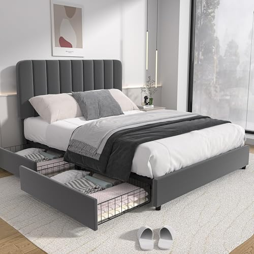 VECELO 4ft6 Double Bed Frame Upholstered Platform with 4 Storage Drawers and Adjustable Tufted Headboard, Sturdy Wooden Slat Support, No Box Spring Needed, Easy Assembly, Velvet Fabric