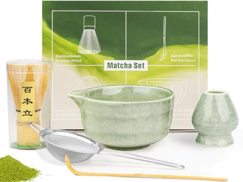 5 Pcs Matcha Whisk Set,Green Ceramic Matcha Set,Matcha Kit Includes Matcha Bowl with Pouring Spout, Matcha Whisk (Chasen) and Holder,Sifter,Bamboo Scoop - Gifts for Matcha Beginners and Lovers,Women