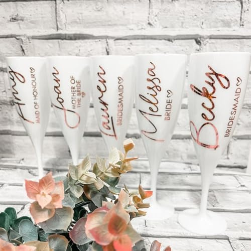 Lot de 6 verres à vin personnalisés, flûtes à champagne blanches avec différents noms, cadeaux de demoiselle d'honneur, mariée, cadeaux de mariage personnalisés, cadeau d'anniversaire