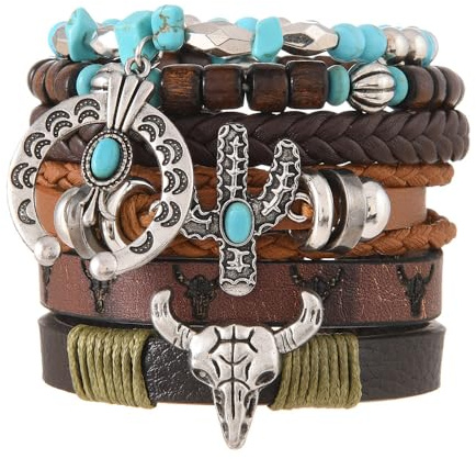 KBRPEY Perlenarmband Damen Armband Set Mehrreihig Leder Holzperlen Stierkopf Anhänger Western Vintage Bohemian Armbänder Elastisch Modeschmuck