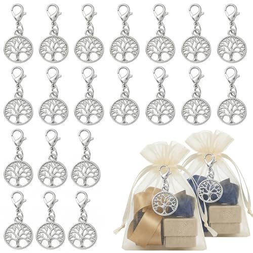 TEOZBLU 20 Pezzi Portachiavi Albero della Vita (Acciaio) | con Moschettone | Per Matrimonio, Battesimo, Cresima