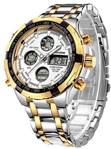 Affute Armbanduhr für Herren, Schwerer Chronograph aus Edelstahl, wasserdicht, mit Datums- und Alarmfunktion, Analog-/Digitalanzeige