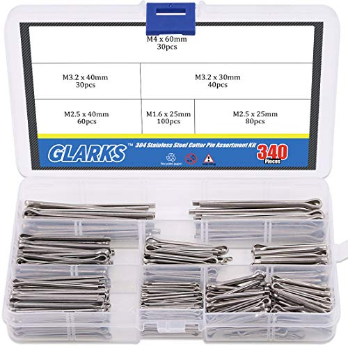 Glarks 340-pieces 6 tailles en acier inoxydable 304 Cotter Pin Clip principales ultraconfortables Assortiment kit de montage pour automobiles, mécaniciens, garage, équipements de puissance de voiture