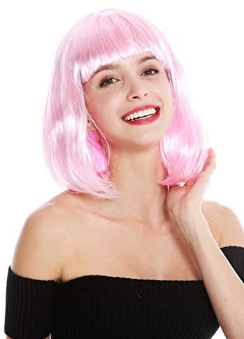 WIG ME UP - 0073-3-PC28 Perruque Dame Carnaval Hauteur d'épaules carré Long carré Lisse Frange Rose Clair