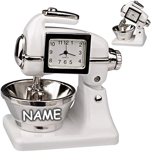 alles-meine.de GmbH kleine - Tischuhr/Miniatur - Uhr - Küchenmaschine - Knetmaschine - inkl. Name - aus Metall - 8 cm - batteriebetrieben - Analog - Batterie - weiß - Zahlen St..