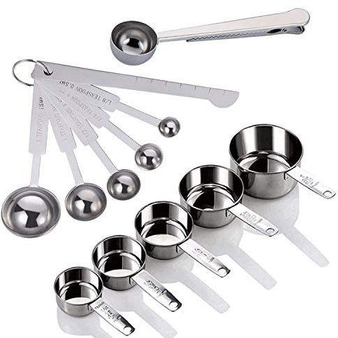 Yuning Cuillères et Tasses à mesurer en Acier Inoxydable avec Mesure Règle, Scoop avec Clip, Cuisine Tableau de Conversion Lot de 12 pour Sec et Liquide ingrédients