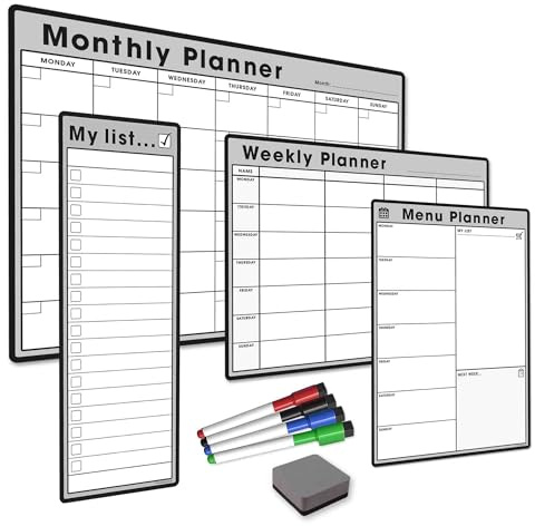 The Magnet Shop Wochenplaner-Bundle #1-4 x trocken abwischbare magnetische Whiteboard-Planer, A4 Wochenplaner, A4 Menüplaner, S3 Meine Liste, A3 Monatskalender, 4 trocken abwischbare Stifte +