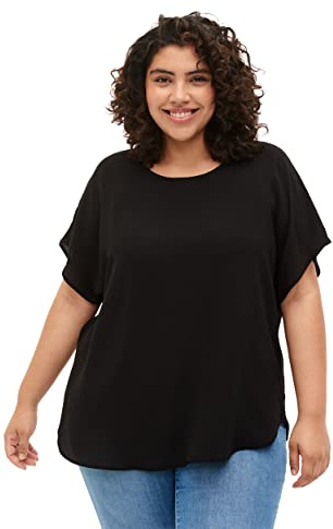 Zizzi Stora storlekar damer kortärmad blus med rund hals storlek 42–56 – plus size damkläder, svart, 42-44 plus size
