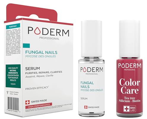 PODERM - 2 PRODOTTI - MICOSI DELLE UNGHIE TRATTAMENTO 2 in 1 | Smalto colorato Rosso lampone TEA TREE | BIO | Trattamento professionale mani/piedi | Facile e rapido | Swiss Made