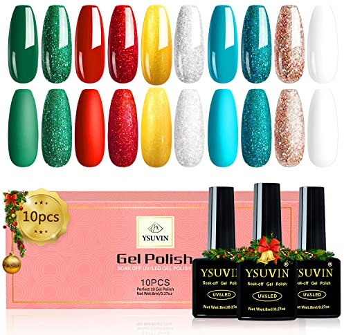 YSUVIN UV Nagellack Weihnachten, 10 Stück Gel Nagellack, Grün Rot Gold Blau Glitzer Soak-off UV Gellack für Anfänger DIY Nail Art Maniküre Salon, Langlebiges, 8ML