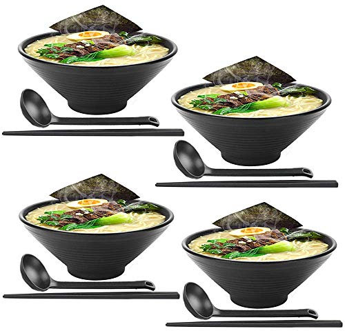 Advanced Suppenschüsseln 4 Sets Großes japanisches Ramen-Schüssel-Set, kommt mit Löffel und Stäbchen, Melamin in Restaurantqualität, für Nudeln, Pho, Nudeln, Udon, Thai, chinesisches Geschirr Suppens