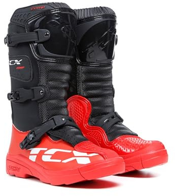 TCX - Comp Kid, Bottes de Motocross pour Enfants, Tige en Microfibre, 3 Boucles Fermeture en Polyuréthane avec Réglage Micrométrique et Velcro, Noir/Rouge