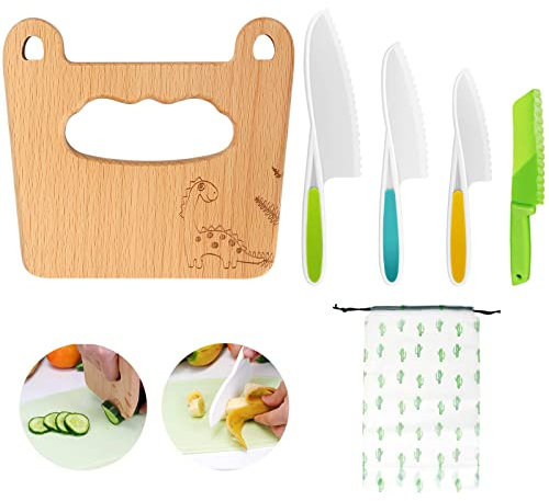 Goodchef Kindermesser 5-teiliges Kinder-Küchenmesser-Set zum Schneiden und Kochen von Obst oder Gemüse für Kleinkinder, inklusive kindersicherem Holzmesser Messer ab 2 jahre(Blatt-Dinosaurier)