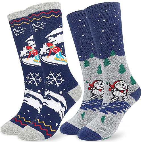 Kids Thermal Ski Sports Winter Socks,2 Pairs Knee High Colorful Skiing Snowboarding Walking Warm Socks for 5-15 Years Old Youth Boys Girls UK Child Size 8.5J-2/EU26-34