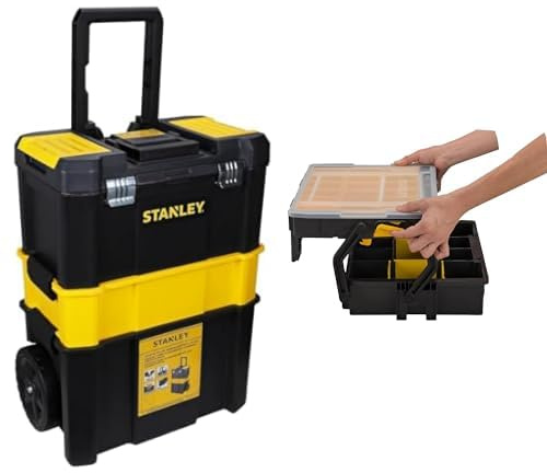 Stanley Stst1-80151 Servante Porte Outils 3 En 1 - Boite À Outils Détachable 45 Cm - Poignée Télescopique - Roues 18Cm & STST1-75540 Boîte à Compartiments Sortlevel 23 - Profondeur 79mm