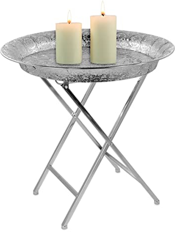 Stephans Möbelbörse Orientalischer Beistelltisch Teetisch Orient Klapptisch Couchtisch mit Tablett Silber rund Ø54cm