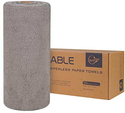 Reusable Paper Towels Washable Roll: 50Pack Paperless Paper Towels Tear Away 12x12In Absorbent Cloth Towels Reusable Washable for Kitchen Zero Waste (Gray)