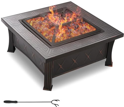 Braciere da Esterno, Braciere da Giardino in Ferro per Riscaldamento con Copertura Protettiva, Griglia, Attizzatoio, Braciere Barbecue per Campeggio, 81 x 81 x 51 cm