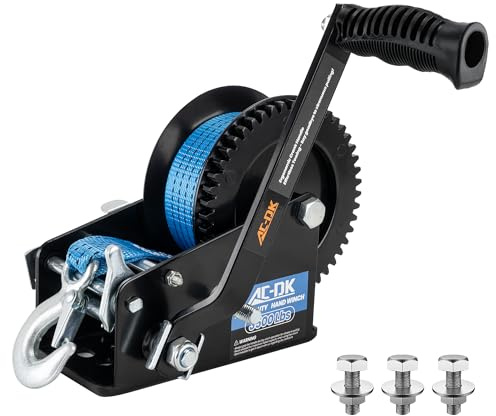 AC-DK 3500lbs Heavy Duty Boat Trailer Winch with 32FT Strap，2-Way Ratchet 4:1/8:1 Gear Trailer Winch，Portable Hand Crank Winch for Boat, Truck, Trailer, RV, ATV, Jet Ski
