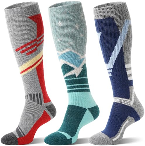 Sandsuced Calcetines de Esquí de Lana Merino para Hombres y Mujeres Termales Calientes Gruesos Altos a la Rodilla Para Esquí y Snowboard en Clima Frío 3 Pares Regalo(Rojo/Verde/Azul Profundo, L)