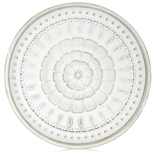 Hanobe Vassoio in legno rotondo, decorativo, vintage, intagliato, bianco, lavato, in legno, piccolo vassoio per candele per caffè e cucina