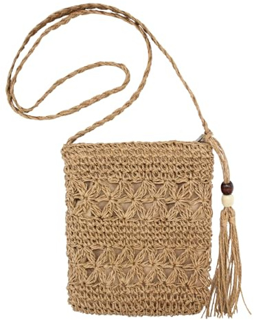 Bototack Straw Bag for Women, Small Summer Beach Crossbody Bag with Tassel, Bohemian Handmade Shoulder Purse with Zipper for Holiday Beach Travel (Khaki)