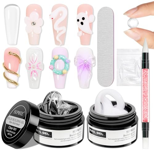 SUPWEE 3D Gel for Nails Kit, Multifunctional Clear White 3D Sculpture Gel | Non-Stick Hand 3D Nail Gel Sculpting Gel Builder Gel for Nails Carving Patterns Decoration Nail Strengthen Nails Salon Home
