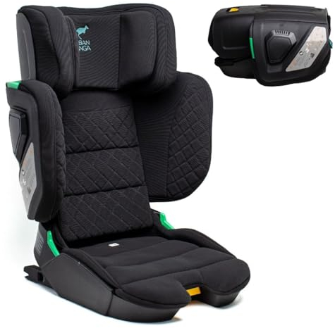 Urban Kanga Wallaroo 2.0 Silla de coche de viaje portátil y plegable Asiento elevador ISOFIX i-Size 100-150cm (Negro acolchado)