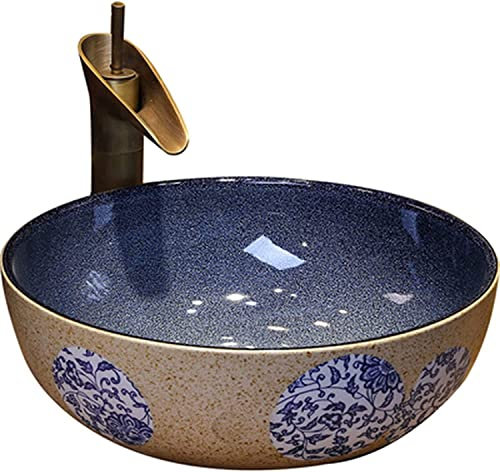 Lavabo en céramique Vasque à poser, lavabo en céramique, lavabo rond pour lavabo de salle de bain, lavabo de jardin d'art, rétro en porcelaine bleue et blanche, 40x15 cm (40x15cm beige, bleu, blanc)