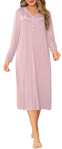 Vlazom Långa nattlinnen för kvinnor v-ringad knapp ner sovskjorta mjuk nattlinne nattkläder myskläder S-XXL, Ros rosa, XL