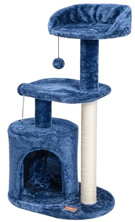 ClevaHome Árbol para Gatos Azul Denim para Gatos Pequeños – Torre de Actividades de 85 cm con Rascadores de Sisal, Plataformas Acolchadas y Juguete Colgante para Interior