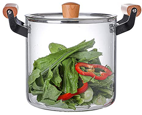 NNYCC Beheizbare Glastopf zum Kochen mit Holzgriff, Transparenter Glas-Suppentopf für Zuhause Küche Restaurant,5.5l