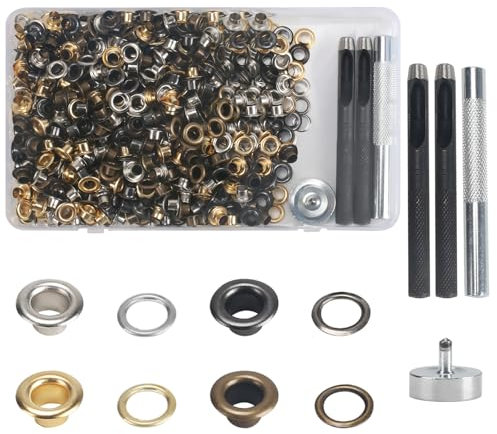 KJLEEN 480 Sets 5mm Grommet Tool Kit Eyelet Punch Kit, Gold Silver Black Bronze Metal Eyelet Pliers Set, Brass Grommet Eyelet Kit for Canvas Fabric Leather Belts Handbags Clothing Craft（4 Colours）