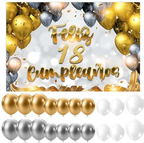 Decoración Feliz 18 Cumpleaños + 20 Globos.1 Photocall Guirnalda para 18 Años de Mujer y Hombre. Cartel Pancarta de Fiesta 18 Años en Blanco y Dorado. 3 Colores de Globos