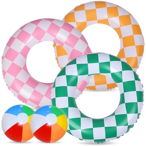 Chennyfun Pool Float Swimming Rings for Kids Adults, 5 PCS | Lattice Swimming Rings, Includes 2 Beach Balls, Rubber Ring Tube, Summer Toys for Beach Pool Party