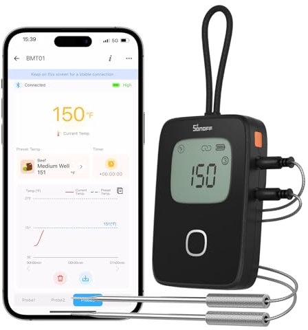 SONOFF BMT01 Wireless Meat Thermometer with Dual Temperature Probes, Smart Digital Food Thermometer for Frying BBQ Grill Oven Smoker Turkey Beef, Timer Alarm, Temperature Alert