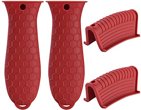 Soporte de Agarre Térmico de Silicona, Abrazadera de Agarre Térmico de Silicona y Soporte de Mango Auxiliar Non Slip para Olla, Plancha, Sartén, Horno, 4 Piezas Rojo