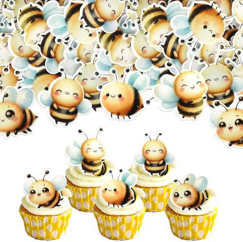 60 Stück Essbare Biene Tortendeko Waffelpapier Honigwabe Cupcake Toppers Biene Kuchen Deko für Biene Thema Baby Dusche Jungen Mädchen Geburtstag Party Kuchen Dekoration
