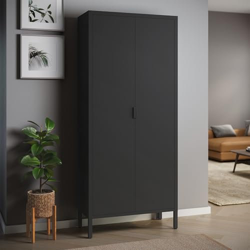 skølm Ituri Metallschrank Schwarz – Kleiderschrank mit 6 Fächern & 2 Kleiderstangen – Garderobenschrank Flur 80 cm breit – Schlafzimmerschrank Industrial Style – Stahlschrank für Wohnzimmer & Büro