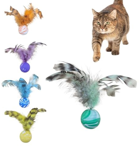 Katzenball-Spielzeug, Katzenfederball, Feder-Hüpfball, Katzenspielzeug, 5 x interaktiver Katzen-Hüpfball, sicheres, lustiges Haustier-Beißspielzeug zur Förderung der Interaktion, lindert Langeweile