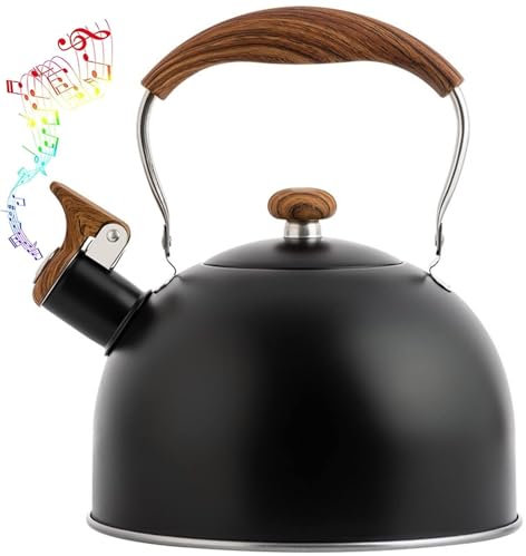 Bouilloire sifflante noire de 2,5 L, bouilloire à thé en acier inoxydable avec poignée pliable en grain de bois