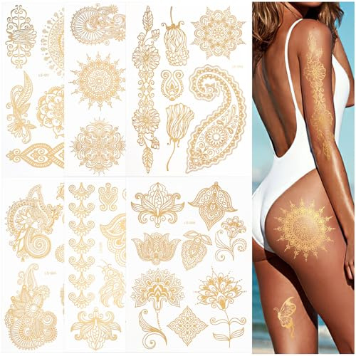 6 Große Blatt Gold Metallic Temporäre Tattoos, Glitzer Tattoos Erwachsene | Festival zubehör, Wasserdichter Henna Tattoo für Festival und Party Accessoire