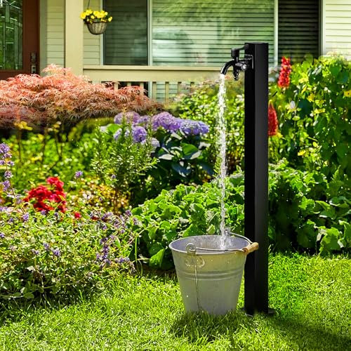 Colonne d'eau Extérieure Autoportante en Acier Inoxydable 95 cm - Robinet Antigel, Fontaine Montée au Sol pour Arrosage, Lavage Auto et Soins des Animaux (Square Colum with Dual Faucet, 60cm)