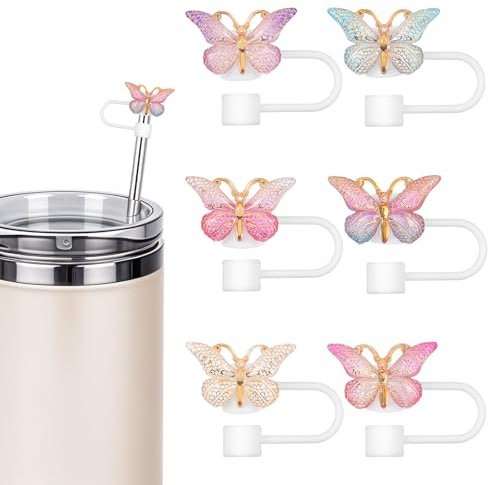 ElevateTech 6 decorazioni in paglia a forma di farfalla, 10 mm, riutilizzabili, accessori per bicchieri, tappi colorati a farfalla, per donne e ragazze