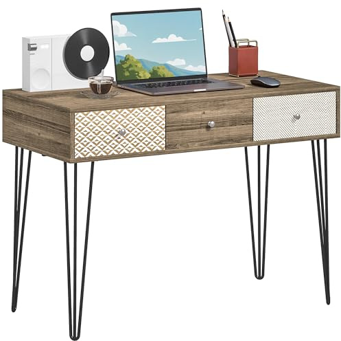 HOMCOM Escritorio Bohemio con Patas Horquilla y 3 Cajones 105x50x75 cm